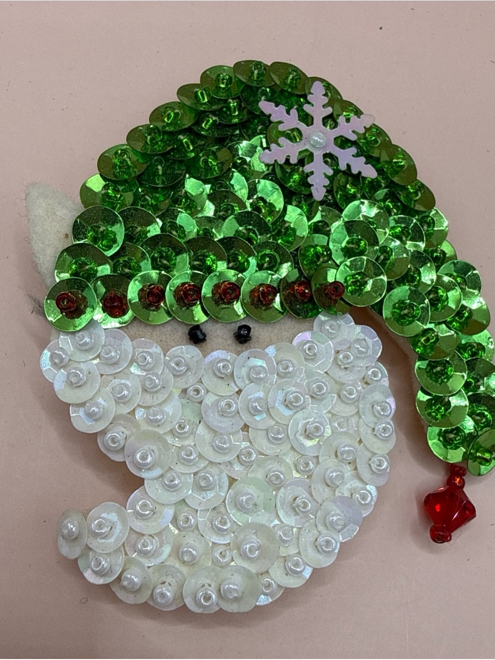 Christmas BEARDED ELF Pointed Ear Green Hat Handcrafted Sequences Felt Brooch